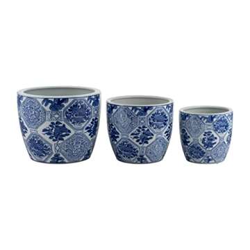 Sagebrook Home Set of 3 Ceramic Planters - Contemporary Vintage Style Blue and White Planters with Chinoiserie Style Design for Home or Office Indoor/Outdoor Décor