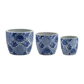 Sagebrook Home Set of 3 Ceramic Planters - Contemporary Vintage Style Blue and White Planters with Chinoiserie Style Design for Home or Office Indoor/Outdoor Décor