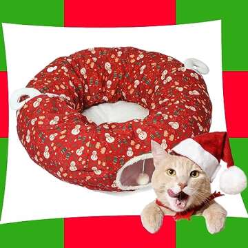 LUCKITTY Cat Tunnel Bed in 3FT x 3FT x 9.8IN - Decorative Christmas Style with Snowman and Glove Patterns - Red Color Perfect for Festive Felines