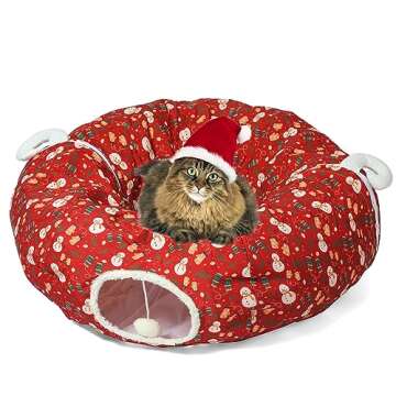 LUCKITTY Cat Tunnel Bed in 3FT x 3FT x 9.8IN - Decorative Christmas Style with Snowman and Glove Patterns - Red Color Perfect for Festive Felines