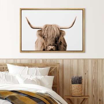 SIGNLEADER Framed Canvas Print Wall Art Brown Full-Frame Closeup of Highland Cow Animals Wilderness Photography Realism Portrait Relax/Calm Duotone for Living Room, Bedroom, Office - 24"x36" Natural