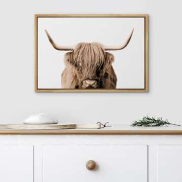 SIGNLEADER Framed Canvas Print Wall Art Brown Full-Frame Closeup of Highland Cow Animals Wilderness Photography Realism Portrait Relax/Calm Duotone for Living Room, Bedroom, Office - 24"x36" Natural