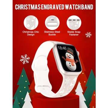 W-RARA Christmas Engraved Band Compatible with Apple Watch 38/40/41/42/44/45/46/49mm for Women, Two-Tone Holidays Xmas Santa Snowman Silicone Strap for iWatch Series Ultra SE 10 9 8 7 6 5 4 3 2 1