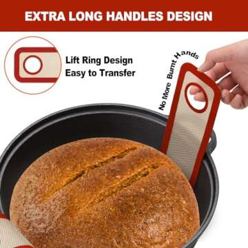 Silicone Bread Sling Dutch Oven - Best Japan Silicone. Non-Stick & Easy Clean Reusable Silicone Bread Baking Mat. With Extra Long Handles Bread Baking Sheet Liner, 2 Brown Set for Transferable Dough