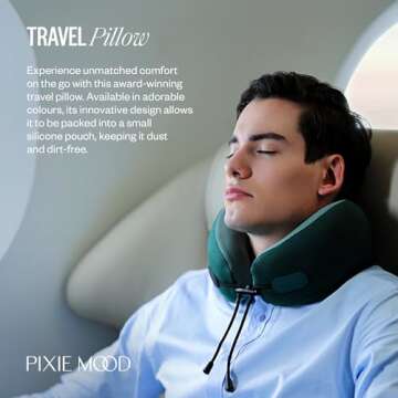 PIXIE MOOD Every Think Travel and Airplane Neck Pillow, Memory Foam, Support, Neck, Head Chin - Soft, Lightweight, Washable, Easy-to-Carry