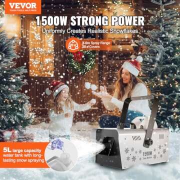 VEVOR Snow Machine, 1500W Snow Maker Machine with 2 Remotes Control and 5L Large Capacity Water Tank, High Output Snowflake Maker Stage Snow Effect for Christmas, Halloween, Wedding, DJ Parties