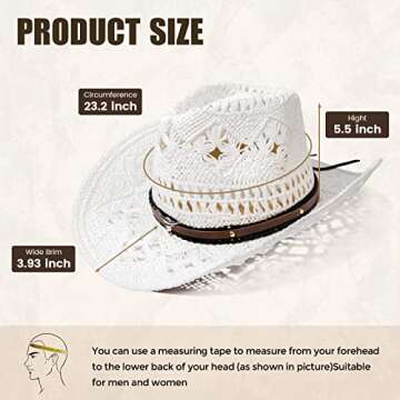 ANDORRA White Cowboy Hat for Women Cowgirl Hat Woven Cowgirl Hats Women Western Cowboy Hat Mens Cowboy Hat White Breathable White Cowgirl Hat Straw Cowboy Hats