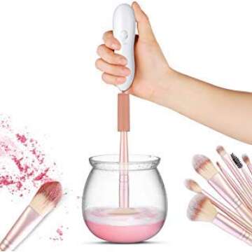 Makeup Brush Cleaner and Dryer, LARMHOI Electric Makeup Brush Cleaning Tool with 8 Size Rubber Collars, Portable Cleaning Mat, Deep Cosmetic Brush Spinner for Makeup Brush, Beauty, Women Gifts