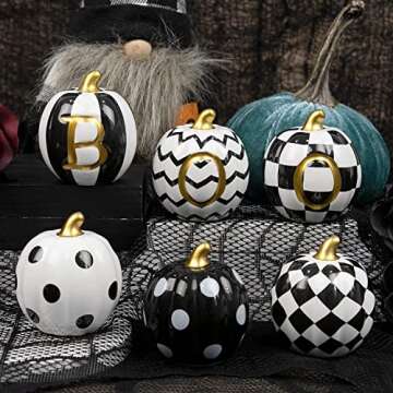 DAZONGE Halloween Decorations Indoor - Set of 6 Ceramic Pumpkin Decor - Assorted Black and White Boo Pumpkins for Fall Autumn Home Decor