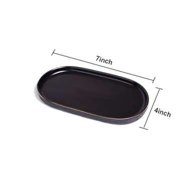 Ceramic Jewelry Dish Tray, Perfume Vanity Tray, 7x4 Decorative Catch All Trays Bowl for Trinket Key Ring, Small Bathroom Counter Tray, Soap Tray for Kitchen Sink (Black)