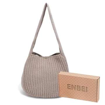 ENBEI Women's Handcrafted Crochet Tote Bag Knit Shoulder bag,All-Season Handwoven Beach Bag, Cute Eco-Friendly Handmade Tote for Shopping, Travel, Daily Use, Gift Box Packaging(khaki)