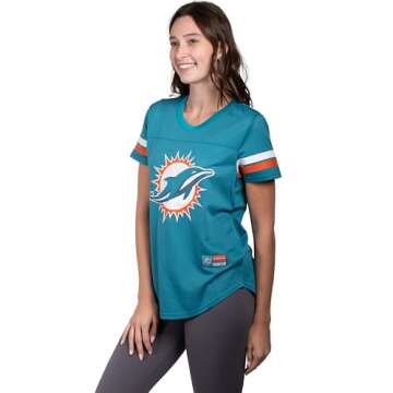 Ultra Game NFL Miami Dolphins Womenss Soft Mesh Jersey Varsity Stripe Jock Tag Crew Neck Tee Shirt Top, Team Color, Large