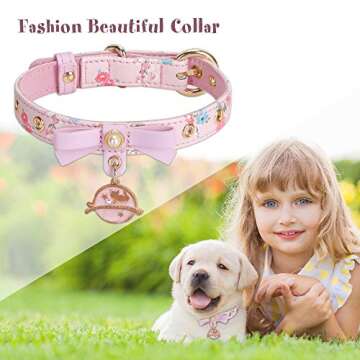 PetsHome Cat Collar, Dog Collar, [Floral Print] PU Leather with Bowtie and Pendant Adjustable Collars for Cat and Small Dog Extra Small Pink