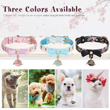 PetsHome Cat Collar, Dog Collar, [Floral Print] PU Leather with Bowtie and Pendant Adjustable Collars for Cat and Small Dog Extra Small Pink