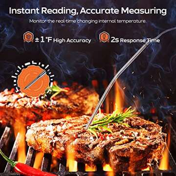 Meat Thermometer, with Long Probe, Digital Meat Thermometer with Large Touchscreen LCD, Kitchen Timer, Grill Thermometer, Cooking Food Meat Thermometer Instant Read for Smoker Kitchen BBQ Oven