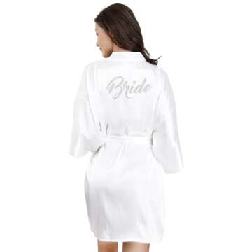 EPLAZA Women's One Size Silver Rhinestones Bride Bridesmaid Short Satin Robes for Wedding Party Getting Ready (White, Bride)