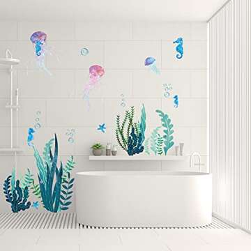 Nuanchu 28 Pcs Under The Sea Wall Decals Glow in The Dark Sea Turtle Ocean Grass Seaweed Jellyfish Peel Stick Underwater Wall Decoration for Kids Bedroom Bathroom Toilet (Vivid Style)