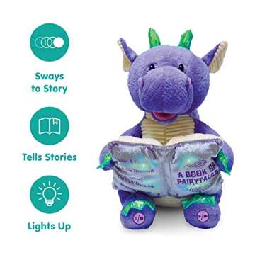 Cuddle Barn | Dalton The Storytelling Dragon 12" Animated Stuffed Animal Plush Toy | Mouth Moves, Head Sways and Book Lights Up | Recites 5 Fairy-Tales