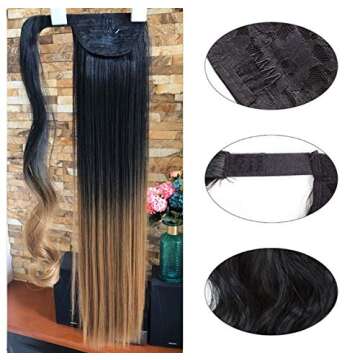 Straight Wrap around Ponytail Black blonde Ombre Hair Extensions 22inches Long Hairpiece for Women Girl Gift 22 Inch (Pack of 1), Straight- Natural black+dark blonde)