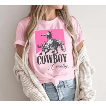 Cowgirl Shirt Women Oversized Western Country Music Shirts Rodeo Graphic Tees Tops Casual Vacation Crew Neck Pullover Pink