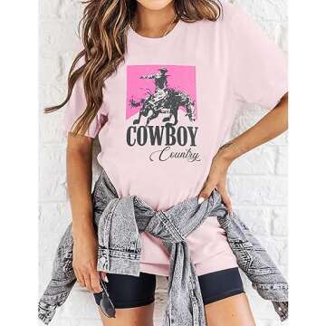 Cowgirl Shirt Women Oversized Western Country Music Shirts Rodeo Graphic Tees Tops Casual Vacation Crew Neck Pullover Pink