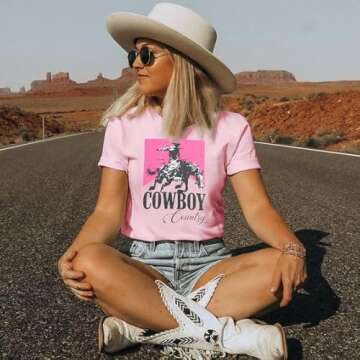 Cowgirl Shirt Women Oversized Western Country Music Shirts Rodeo Graphic Tees Tops Casual Vacation Crew Neck Pullover Pink