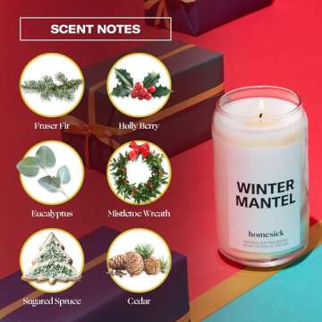 Homesick Scented Candles for Home (Winter Mantel) - 13.75 oz Long-Lasting Soy Wax Blend Jar Candle Gifts for Women & Men for All Occasions, 60-80 Hours Burn Time - Notes of Fraser Fir & Holly Berry