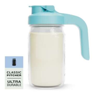 County Line Kitchen Glass Mason Jar Pitcher with Lid - Wide Mouth, 1 Quart (32 oz) - Heavy Duty, Leak Proof - Sun & Iced Tea Dispenser, Cold Brew Coffee, Breast Milk Storage, Water & More - Light Blue