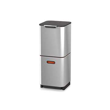 Joseph Joseph Totem Compact 40 liter/10.5 Gallon Waste Separation and Recycling Kitchen Trash Can with odor filter and removable food waste caddy, Stainless Steel