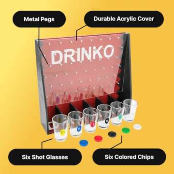 Fairly Odd Novelties DRINKO Drinking Game - Social Shot Glass Party Fun for Groups & Couples - Multicolor, Glass Shots, Durable Board with Metal Pegs - The Ultimate Party Starter!