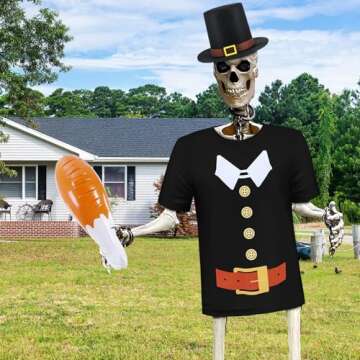 Cuffbow 3 Pcs 12 ft Giant Skeleton Thanksgiving Costume Set Extra Large Pilgrim Shirt Top Hat and Inflatable Turkey Leg for Thanksgiving Halloween Garden Lawn Outdoor Decor