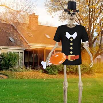 Cuffbow 3 Pcs 12 ft Giant Skeleton Thanksgiving Costume Set Extra Large Pilgrim Shirt Top Hat and Inflatable Turkey Leg for Thanksgiving Halloween Garden Lawn Outdoor Decor