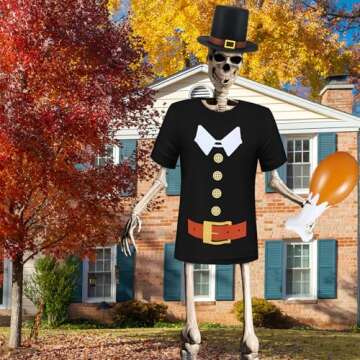 Cuffbow 3 Pcs 12 ft Giant Skeleton Thanksgiving Costume Set Extra Large Pilgrim Shirt Top Hat and Inflatable Turkey Leg for Thanksgiving Halloween Garden Lawn Outdoor Decor