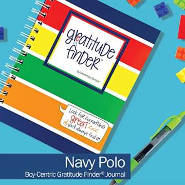 Denise Albright Gratitude Finder® 52 Week Non-Dated Journal for Boys with 177 Totally Cool Hand-Illustrated Stickers (Navy Polo)