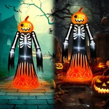 9FT Halloween Inflatables Giant Halloween Decorations Outdoor Built-in Flame Flashing Projection Light Blow Up Yard Decorations Scary Pumpkin Skeleton Ghost Decor for Halloween Party