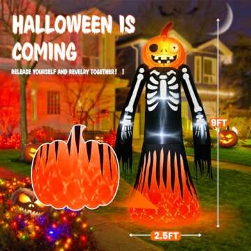 9FT Halloween Inflatables Giant Halloween Decorations Outdoor Built-in Flame Flashing Projection Light Blow Up Yard Decorations Scary Pumpkin Skeleton Ghost Decor for Halloween Party