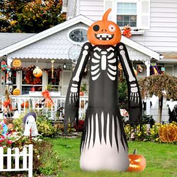 9FT Halloween Inflatables Giant Halloween Decorations Outdoor Built-in Flame Flashing Projection Light Blow Up Yard Decorations Scary Pumpkin Skeleton Ghost Decor for Halloween Party