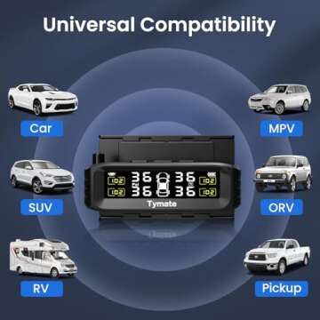 Tymate TM8 Tire Pressure Monitoring System, Wireless Solar TPMS with 4 External Sensors & 6 Alarm Modes, Colorful Display, Easy to Intall on Windshield, Ideal for RV Sedan SUV MPV Truck (0-87 PSI)