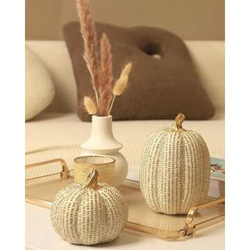 Fall Thanksgiving Pumpkin Decor Figurine Clearance, 2 PCS Fake Pumpkin Statues for HelloweenTabletop Decorating, White and Gold Resin Pumpkins for Autumn Harvest Home Decor, Farmhouse, Gift Package