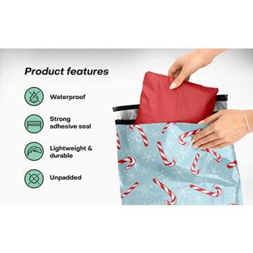 Package Mint Christmas Poly Mailers 10 x 13 100 Pack | Waterproof & Tear Resistant Mailing Envelopes for Small Business | Shipping Bags for Clothes | Cute Shipping Bags for Small Business - Candy Cane