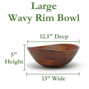 Lipper International Cherry Finished Wavy Rim Serving Bowl for Fruits or Salads, Matte, Large, 13" x 12.5" x 5", Single Bowl