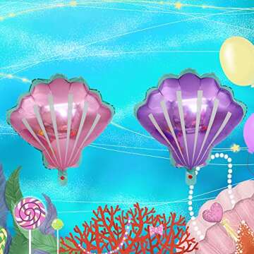 HORUIUS 12 Pcs Sea Shells Balloons Cute Purple Pink Sea Shells Foil Mylar Balloon for Baby Shower Ocean Hawaii Summer Beach Themed Party Birthday Decoration Supplies