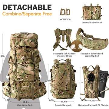 MT Military Army Large Rucksack with Detacheable Assault Backpack Hydration Pack Shoulder Straps and Waist Belt Metal Frame