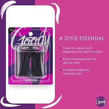 Goody SlideProof Bobby Pin Box with Magnetic Top - 75 Ct, Black Bobby Pins for Hair Styling, Lock In Style, Comfortable, Pain-Free Hair Accessories for Women & Men, All Hair Types