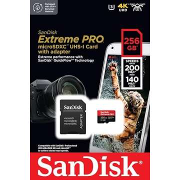 SanDisk 256GB Extreme Pro Durable, Captures 4K UHD Video, 200MB/s Read and 140MB/s Write microSD UHS-I Card for Recording Outdoor Adventures and Weekend Trips