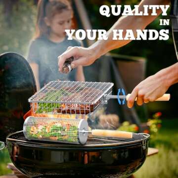 Ivtivfu Grill Baskets, Removable Wooden Handle, 304 Stainless Steel, Rolling Grilling Net, BBQ Accessories Tools for Vegetables Shrimp, Outdoor Cooking Camping, Gifts for Men Dad Husband