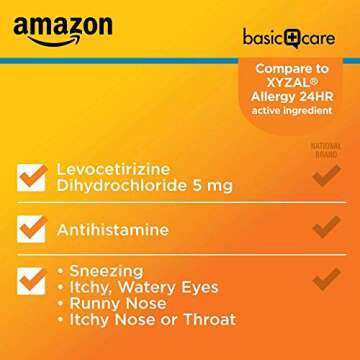 Amazon Basic Care 24 Hour Allergy Relief, Levocetirizine Dihydrochloride Tablets, 5 mg, Antihistamine, Relieves Sneezing, Runny Nose, Itchy Nose or Throat and Itchy, Watery Eyes, 80 Count