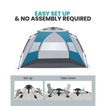 OutdoorMaster Pop Up Beach Tent for 4 Person - Easy Setup and Portable Beach Shade Sun Shelter Canopy with UPF 50+ UV Protection Removable Skylight Family Size - Ocracoke Coast