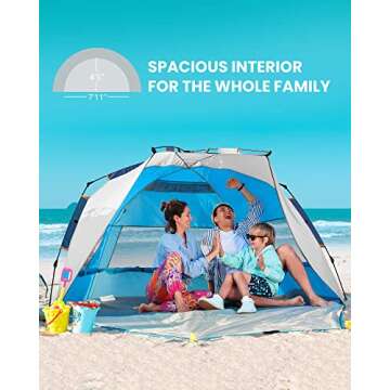 OutdoorMaster Pop Up Beach Tent for 4 Person - Easy Setup and Portable Beach Shade Sun Shelter Canopy with UPF 50+ UV Protection Removable Skylight Family Size - Ocracoke Coast