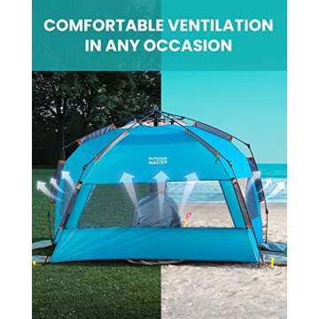 OutdoorMaster Pop Up Beach Tent for 4 Person - Easy Setup and Portable Beach Shade Sun Shelter Canopy with UPF 50+ UV Protection Removable Skylight Family Size - Ocracoke Coast